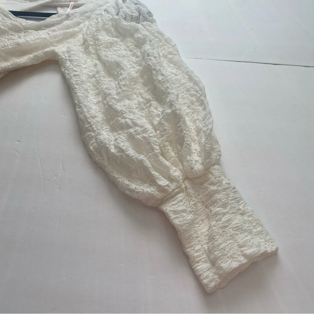 Free People Women’s Tea Time Round Neck Long Puff Sleeve‎ Lace Top white Size M